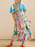 Woman wearing a colorful dress with abstract patterns on a beige background