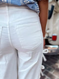 Close-up of white pants with a blurred background