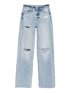 Light blue distressed jeans on a white background