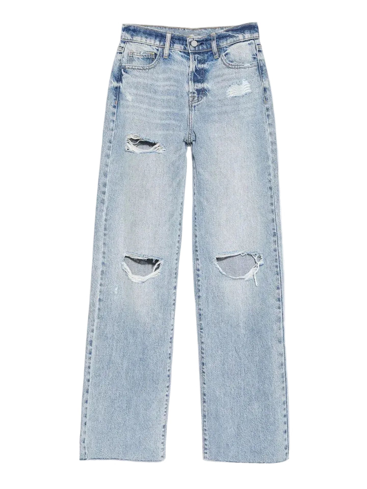 Light blue distressed jeans on a white background