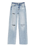 Light blue distressed jeans on a white background