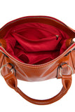 Brown handbag with red interior on a white background