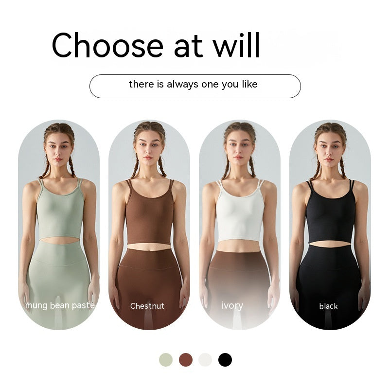 Four color options of a tank top worn by a model on a white background.
