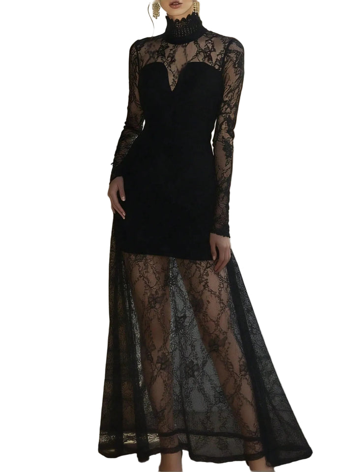 Black lace dress worn by a model in an elegant setting
