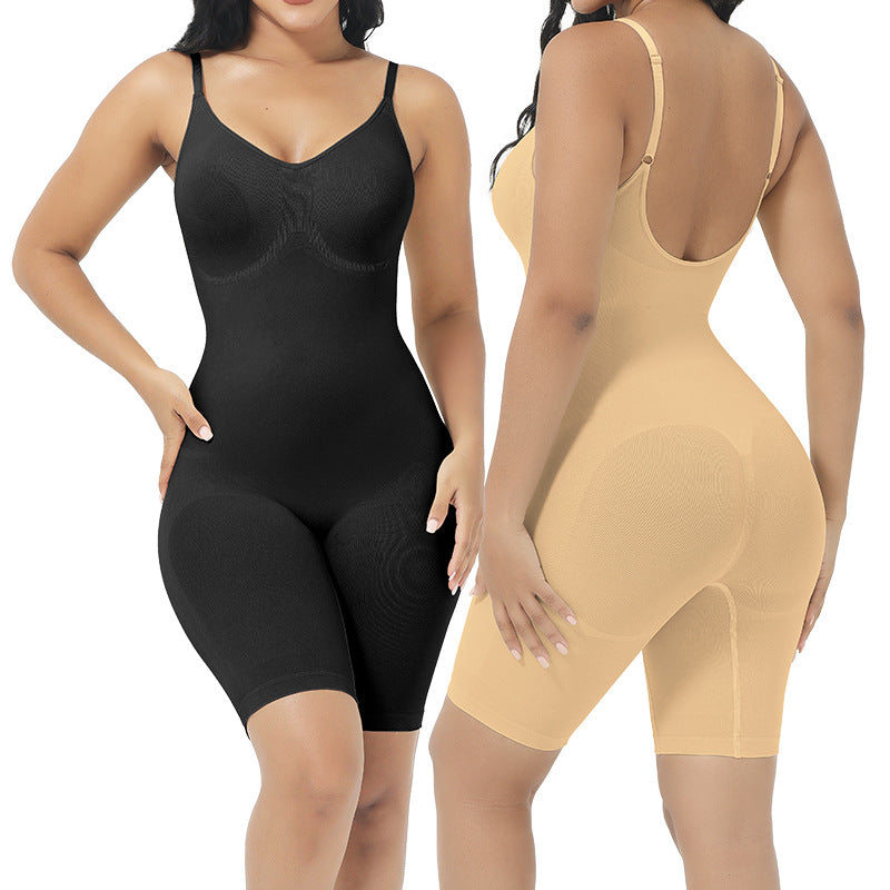 Black and beige shapewear bodysuits worn by models on a white background