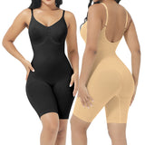 Black and beige shapewear bodysuits worn by models on a white background