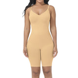 Beige bodysuit worn by a model on a white background
