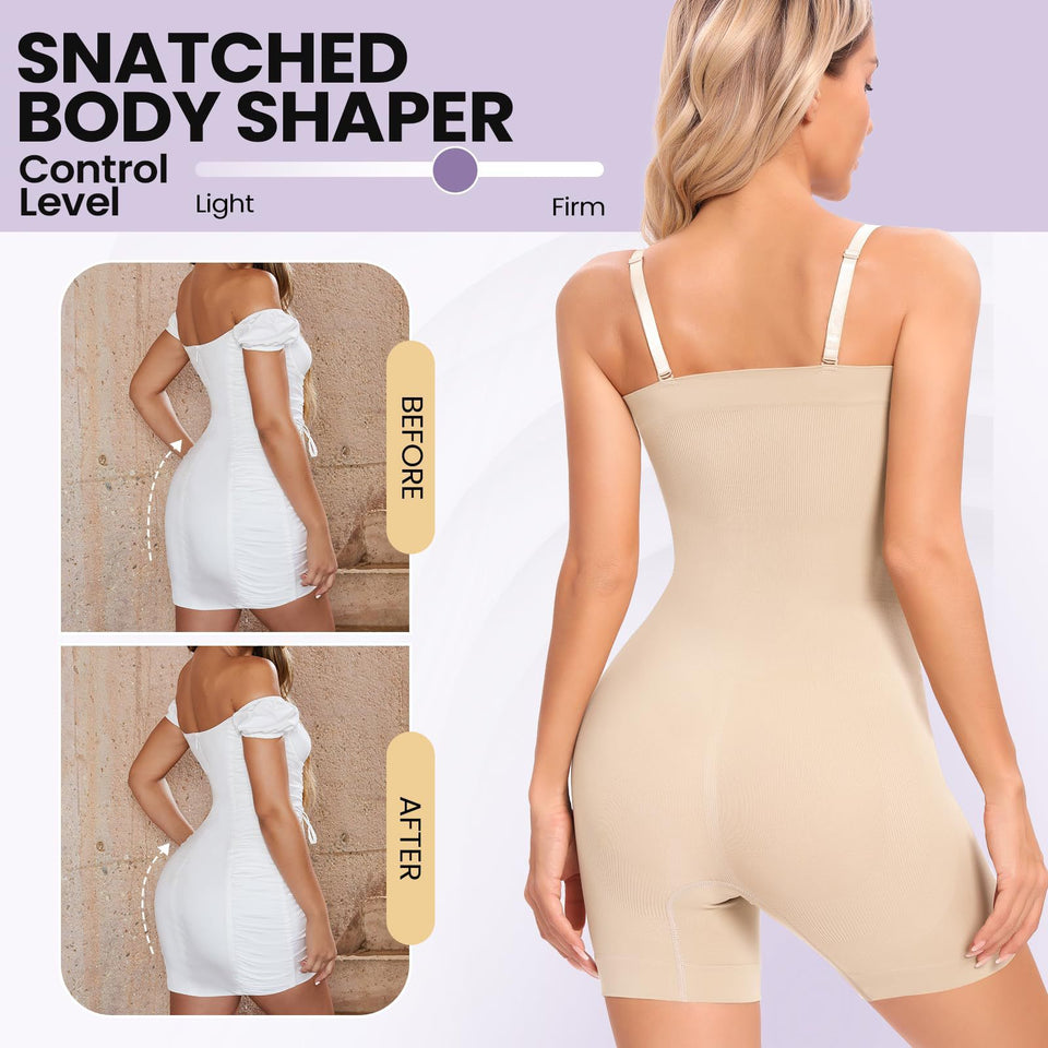 Body shaper with 'Before' and 'After' comparison on a model, labeled 'Snatched Body Shaper'.