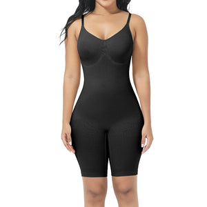 Black shapewear bodysuit worn by a model on a white background