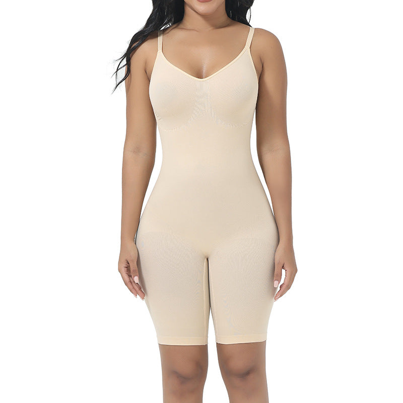 Beige shapewear bodysuit worn by a model on a white background