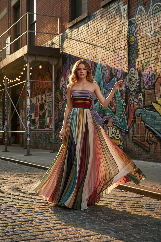 Woman in a colorful dress standing in an urban setting with graffiti on the wall.