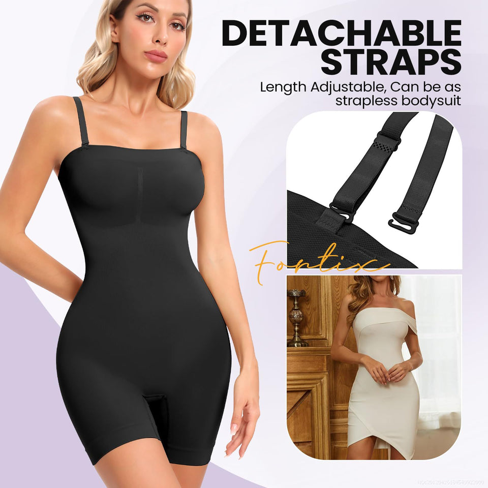 Black bodysuit with detachable straps on a light purple background