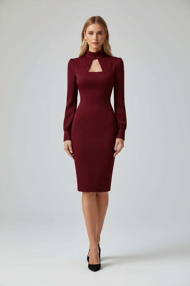 Maroon dress worn by a model with a blurred background