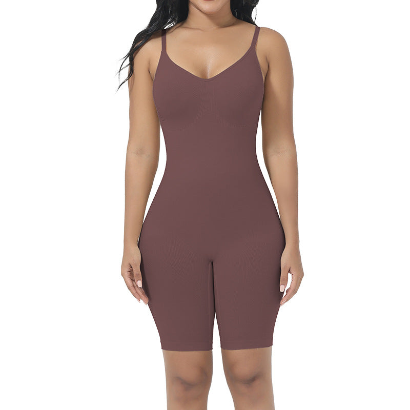 Brown bodysuit worn by a model on a white background