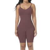 Brown bodysuit worn by a model on a white background