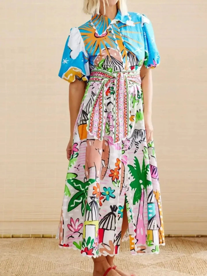 Woman wearing a colorful dress with abstract patterns on a beige background